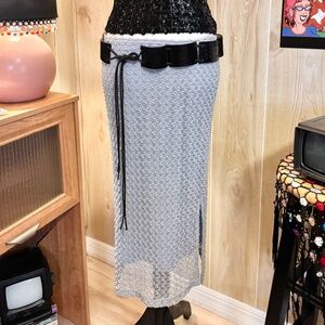 Vintage Womens Small Baby Blue Lace Stretch Midi Skirt 90s 2000s